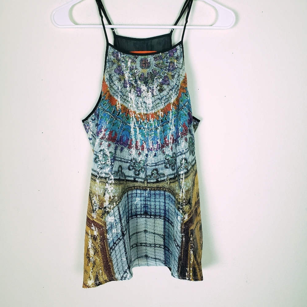 Clover Canyon Abstract Sequin Spaghetti Strap Top